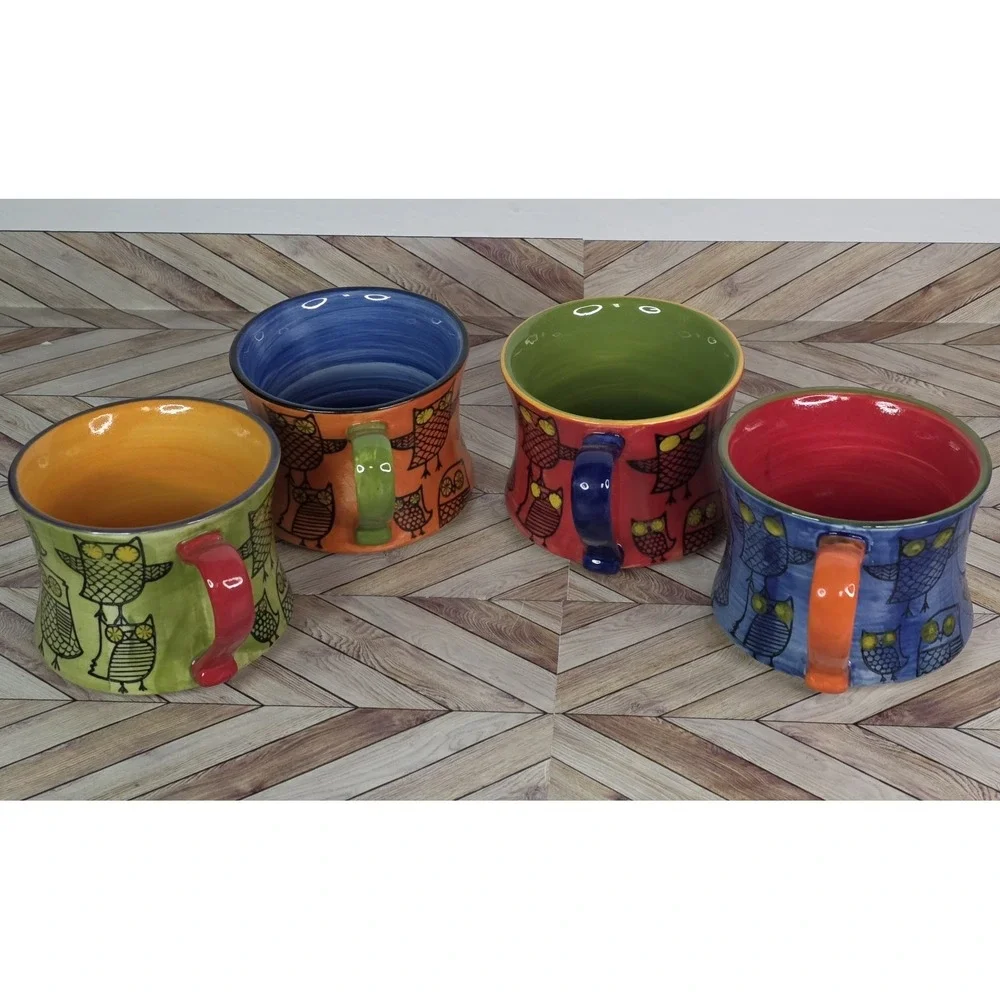 Pier 1 Imports Handpainted Owl Stacked Coffee Tea Mugs Cups Set of 4